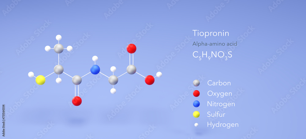 tiopronin molecule, molecular structures, alpha-amino acid, 3d model ...