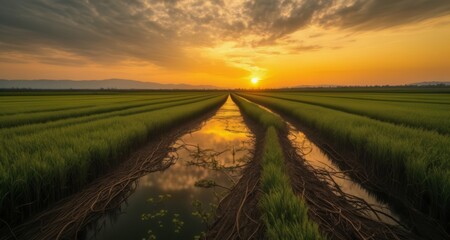 Wall Mural -  Sunset over a serene rice paddy