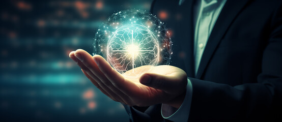 Businessman holding and brain on blue bokeh background , Smart thinking idea and inspiration innovation concept