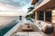 High-end luxurious oceanfront villa's patio with a breathtaking ocean view and infinity pool at sunset