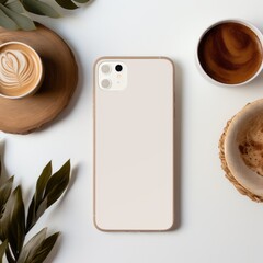 Wall Mural - Top view of the smartphone case layout from behind on a white office table with a cup of coffee, Latte, Dried Flowers in Boho style. Aesthetic Flat lay, Workspace, Modern technologies.