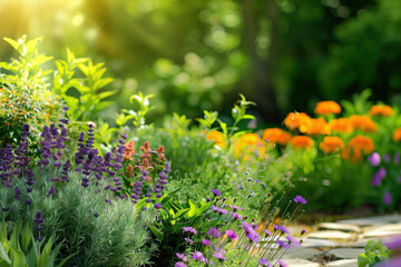 Poster - Flowers in the garden. A slide background for showcasing gardening. Background image. Created with Generative AI technology.