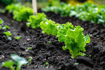 Poster - Lettuce growing in the garden. A slide background for showcasing gardening. Background image. Created with Generative AI technology.