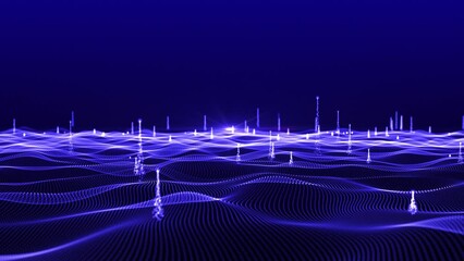 Poster - Animated particle wave. Futuristic pattern of dots on a dark background. Big data digital code. Technology or science banner. 3D rendering. 4K animation.