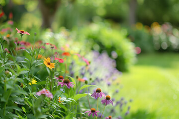 Poster - Flowers in the garden. A slide background for showcasing gardening. Background image. Created with Generative AI technology.