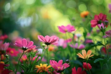 Poster - Pink flowers in the garden. A slide background for showcasing gardening. Background image. Created with Generative AI technology.