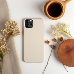 Wall Mural - Top view of the smartphone case layout from behind on a white office table with a cup of coffee, Latte, Dried Flowers in Boho style. Aesthetic Flat lay, Workspace, Modern technologies concepts.