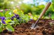Gardening tools on the ground. A slide background for showcasing gardening. Background image. Created with Generative AI technology.
