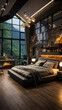  Interior design of a modern bedroom with a king-sized bed and a panoramic window.