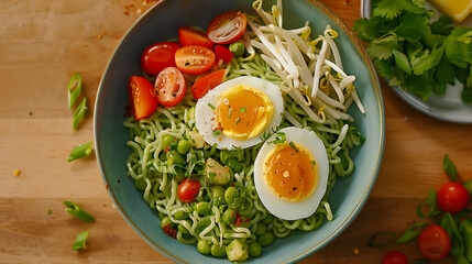 Wall Mural - Traditional Chinese dish with boiled egg noodles and green onions on a wooden table