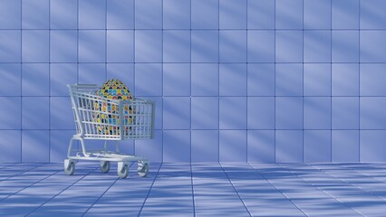 Aufkleber - 3D minimalist Easter egg design with a retro wave pattern, accompanied by a shopping cart symbolizing holiday shopping and celebration.