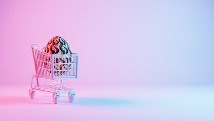 Aufkleber - 3D minimalist Easter egg design with a retro wave pattern, accompanied by a shopping cart symbolizing holiday shopping and celebration.