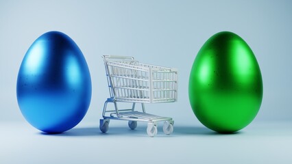 Aufkleber - 3D minimalist Easter egg design with a retro wave pattern, accompanied by a shopping cart symbolizing holiday shopping and celebration.