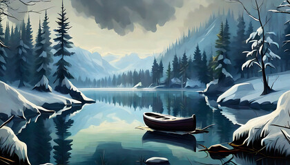 Wall Mural - Detailed illustration of boat on lake, dark forest and mountain. Winter scenery. Natural landscape.