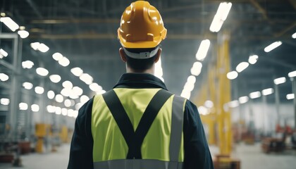 Wall Mural - Factory worker in a hard hat is walking through industrial facilities