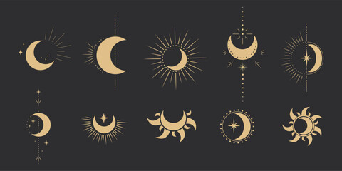 set gold mystic moon celestial astrology magic element with rays, stars, burst minimal line tattoo, 