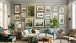 Gallery wall mockup, eclectic frames and artwork, varied sizes and styles, cohesive yet dynamic display, soft gallery lighting