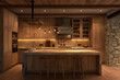 Rustic kitchen mockup, wooden cabinets and stone countertops, warm ambient lighting, inviting and homey atmosphere