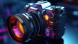 Close-up view on camera with lens on copy space neon light background