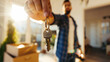 man hand holding house apartment key, homebuyer concept