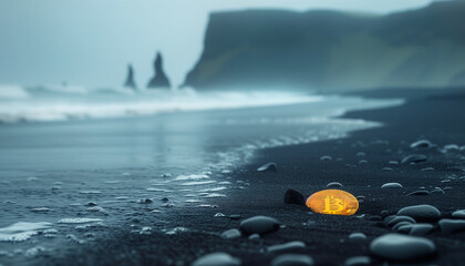 Gold Bitcoin coin in black uninhabited island sand buried on the ocean moody lagoon beach with rocky cliffs. Modern crypto currency world, finance markets, traveling and investments concept image.