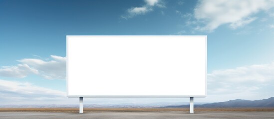  A big white billboard stands prominently on the side of a road, showcasing unmissable advertisements in big white letters against the vast sky background.