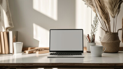 Poster - A minimalistic Aesthetic Boho-style Workspace. A laptop with an empty screen, indoor plants and dried flowers on a wooden table near a white wall with light and shadow from the window.