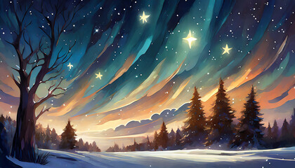 Detailed illustration of snowy landscape with arctic forest and starry sky. Night winter scenery.