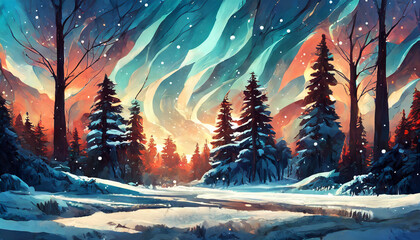 Detailed illustration of snowy landscape with arctic forest. Winter scenery. Wilderness environment.