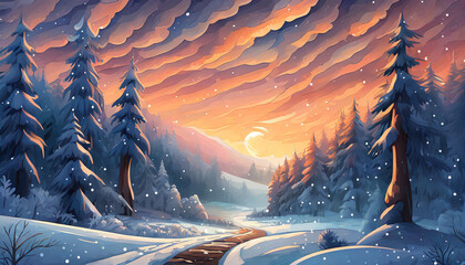Detailed illustration of snowy landscape with arctic forest. Winter scenery. Wilderness environment.