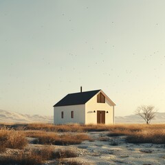 surreal minimal landscape with a tiny home alone in the middle of nature, evocative light in the desert scene