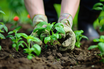 Poster - Person planting a seedling. A slide background for showcasing gardening. Background image. Created with Generative AI technology.