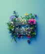 Wild flowers growing inside a vintage cassette tape. Fresh ideas, inspirational background.