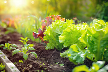 Poster - Lettuce in the garden. A slide background for showcasing gardening. Background image. Created with Generative AI technology.