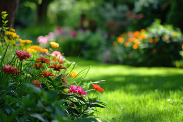 Poster - Flowers in the garden. A slide background for showcasing gardening. Background image. Created with Generative AI technology.