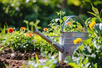 Poster - Watering can in a garden. A slide background for showcasing gardening. Background image. Created with Generative AI technology.