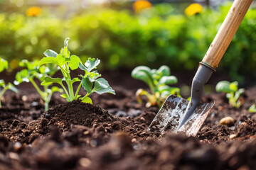 Poster - Planting a seedling. A slide background for showcasing gardening. Background image. Created with Generative AI technology.