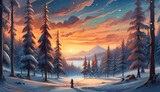 Detailed illustration of snowy landscape with mountains and arctic forest. Winter scenery.