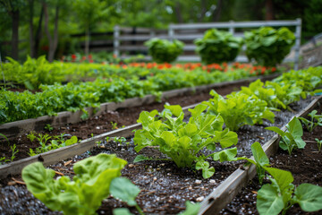 Poster - Plants in a vegetable garden. A slide background for showcasing gardening. Background image. Created with Generative AI technology.