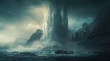 The raw power of nature depicted in a dramatic waterfall cascading down under a tempestuous and moody sky