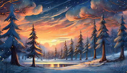 Detailed illustration of snowy landscape with mountains and arctic forest. Winter scenery.