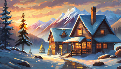 Detailed illustration of snowy landscape with house, arctic forest and mountains. Winter scenery.