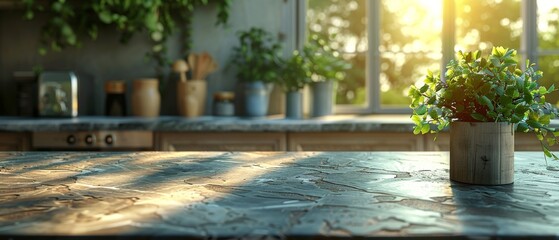 Aufkleber - A close-up of a kitchen stone countertop against a blurred background of appliances and utensils next to a window with a green plant.