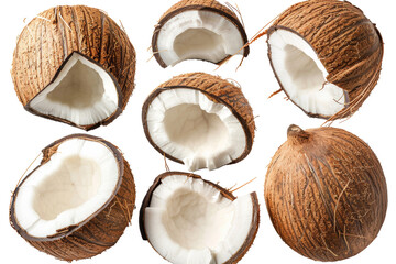 Poster - Fresh coconut slices and wholes isolated on white background, top view