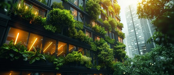 Poster - An eco-friendly building with a vertical garden in the heart of a modern city. A green tree forest on the side of a sustainable glass building. Green tree forest in the front of an office building. Go