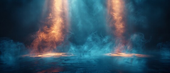 Poster - There is a dark street, wet asphalt, and rays reflected in the water. There is an abstract dark blue background, a smoke cloud, and smog. There is an empty dark scene with neon lights and spotlights.