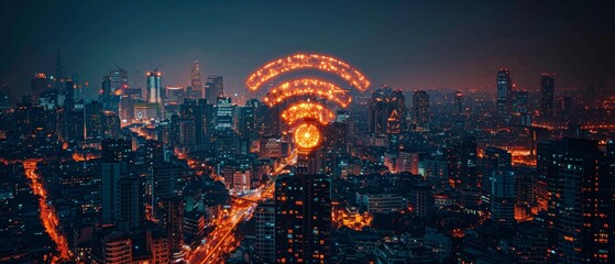 Fototapete - Cityscape and network connection concept for a smart city based on WiFi icon.