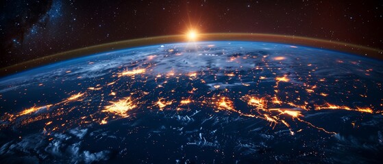 Poster - Technology for internet business. Global world network, telecommunication on earth, cryptocurrency, blockchain and Internet of Things. 