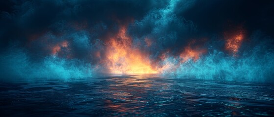 Poster - The empty dark scene, neon light, spotlights, a wet asphalt surface, reflections of rays in the water. Abstract dark blue background, smoke, smog.