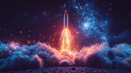 Fototapete - Abstract rocket launch from a smartphone. Low poly design using wireframe light connections. Blue geometric background. Isolated  illustration.